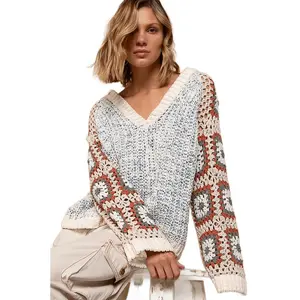 V-neck Hand Knit Square Pattern Hooded Sweater