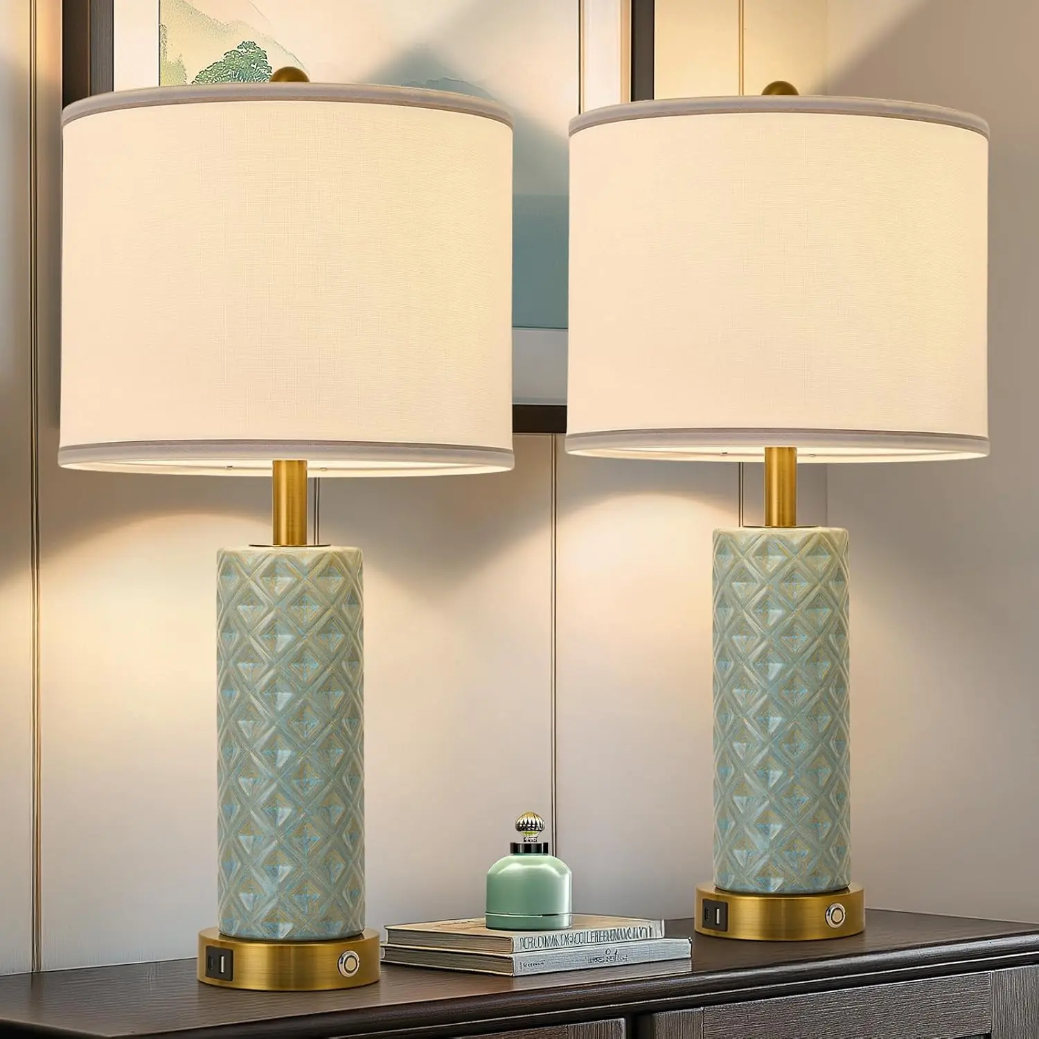 Set of 2 Table Lamp for Living Room Bedroom Farmhouse,26'' Touch Control Bedroom Spa Blue Ceramic Lamps 3-Way Dimmable Bedside Lamps with USB A+C Ports Linen Shade for Home