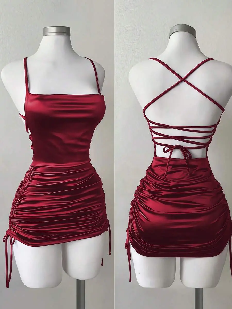 RES Islaluna Minimalist Spaghetti Strap Sexy Ruched Decor Low-Cut Women Dress