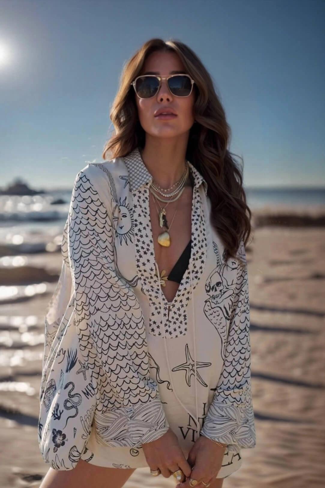 LikeMyChoice Summer Boho Nautical Print Satin Set V-Neck Tassel Long Sleeve Tracksuits Set  & High Waist Shorts Coastal Chic Beach vacation outfit Cover-up Two-Piece Lounge Set for Women Lightweight Matching Suit