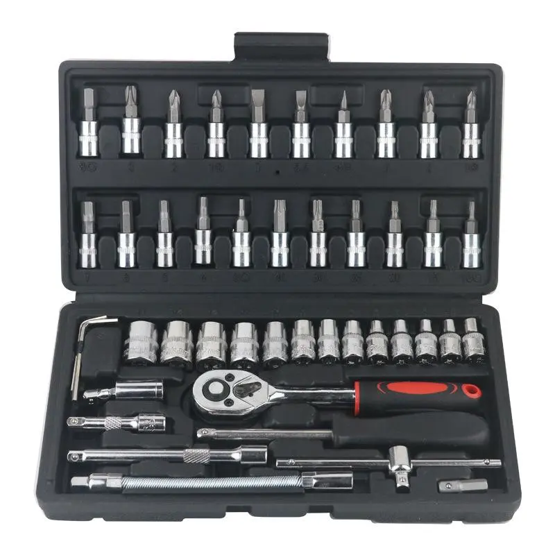 46-Piece Multifunctional Wrench Set - 1/4-in Drive Ratchet Wrench, Metric Sockets, Extension Rods, Storage Box, Mechanic Tools for Automotive Repair, Home Use