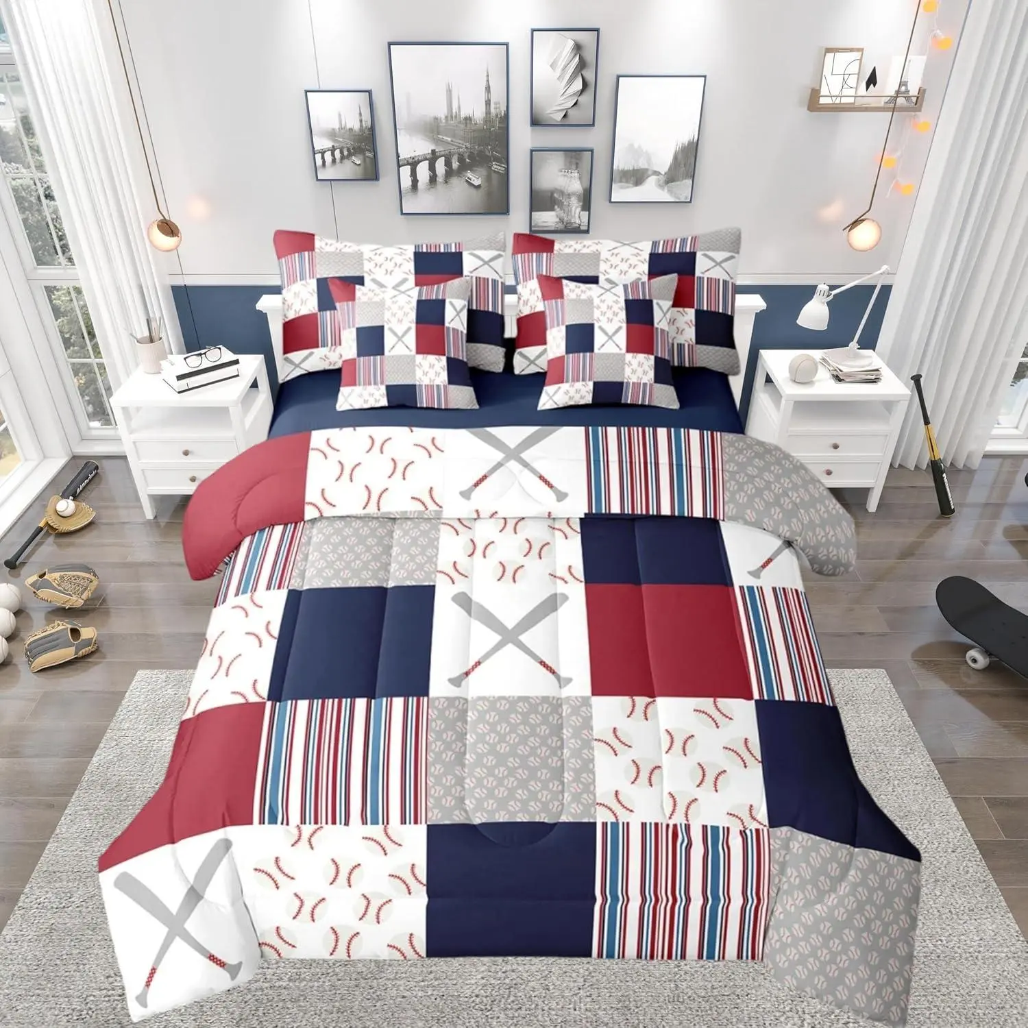 Baseball Comforter Set with Sheets Sports Game Bed in a Bag Set Baseball Gaming 7 Pieces Bedding Set Gift for Baseball Lover Bed Set Room Decor White Navy
