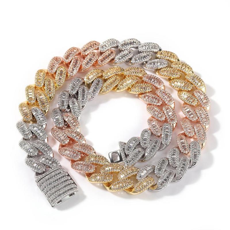 ICE HUE 15mm Baguette Cuban Necklace Zirconia European and American Fashion Street Culture Hip Hop Style Fashionable Jewelry Jewelry Accessories Streetwear