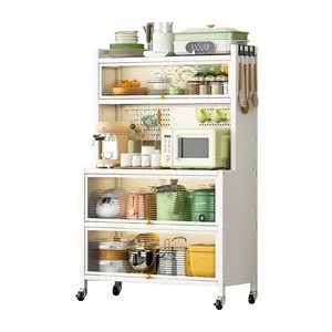 64" Tall Rolling Kitchen Pantry Cabinet with Flip Doors & Pegboard, 5-Tier Utility Storage Cart with Lockable Wheels, Open Shelves & Hooks for Microwave, Pots, Pans, Modern White Baker's Rack for Kitchen & Dining Room