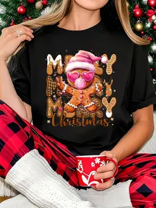 100% Cotton Women T-shirt  Women Christmas T-shirt Gingerbread Blowing Bubble Gum Pink Sunglasses Xmas Outfit T-Shirt Print Round Neck Short Sleeve T-Shirt For Women Casual, Summer, Women Top Graphic Tees Women Tops
