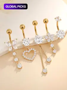 Rhinestone Decor Belly Button Ring, Cute Butterfly Flower & Love Heart Charm Belly Ring, Body Jewellery for Women & Girls Valentine's Day Gift, Body Piercing Jewelry