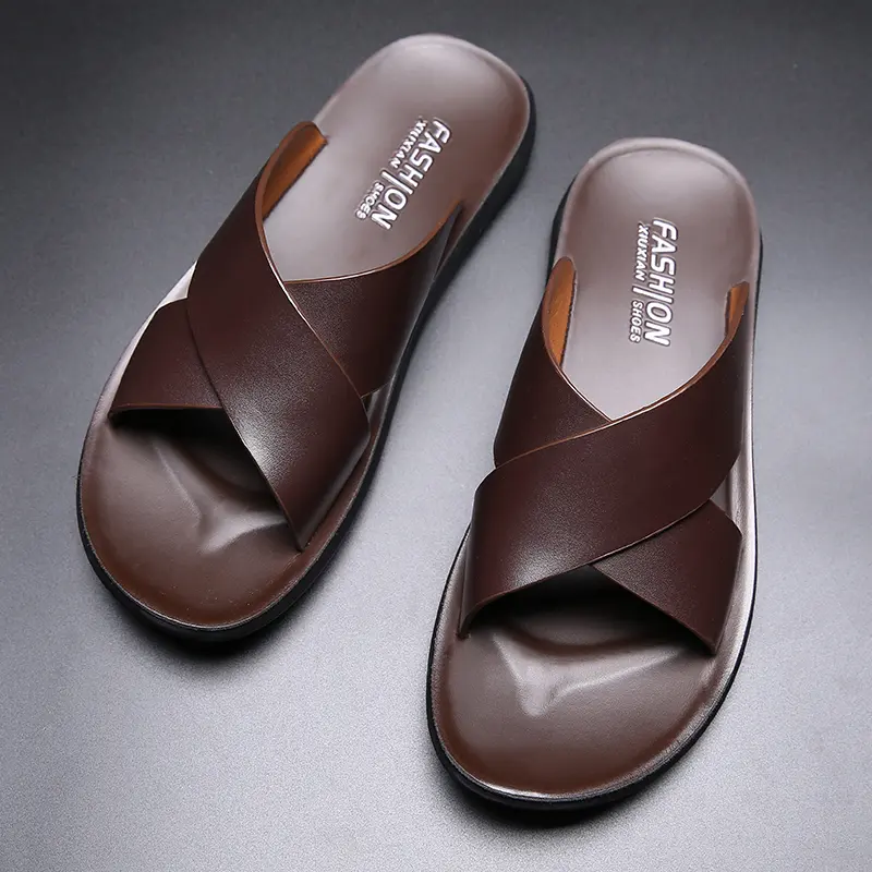 Men's Slide Sandals Brown, Cross Strap Slides with Cushioned Non-Slip Sole, Lightweight Comfort for Beach Pool Indoor Outdoor Summer