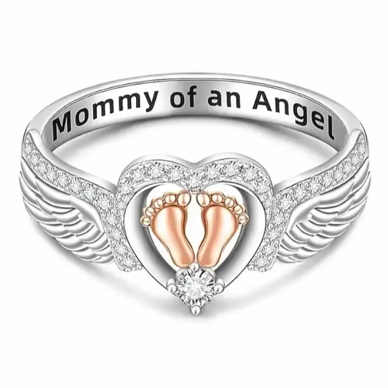 Angel Wings Baby Footprint Ring, Mommy of an Angel Engraved Heart Ring, Sympathy Memorial Jewelry, Remembrance Gift for Grieving Mom, Zircon Inlaid Statement Ring