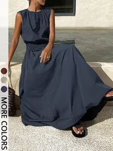 2-Piece Women's Summer Solid Pleated Round Neck Top & Loose Skirt Set Womenswear