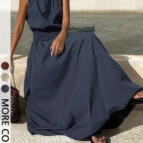 2-Piece Women's Summer Casual Minimalist Solid Pleated Round Neck Top & Loose Flowy Skirt Set Fashion Clothing Set Womenswear Clothes Two Pieces Sets
