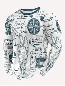 Men's Nautical Compass Print Long Sleeve Round Neck Pullover, Casual Fashion Streetwear Comfortable Sporty Simple Daily Wear