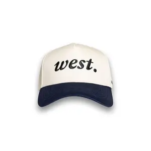 The West Hat by Andar – Classic Cream & Navy Snapback with Embroidered ‘west.’ Script | Western-Inspired Style & Adjustable Fit