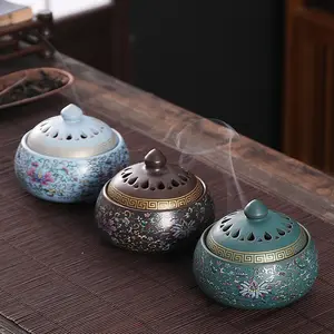 Vintage High-Quality Enamel Incense Burner Set, Ceramic Lotus Flower Pattern Home Decor, Indoor Aromatherapy Spiral Incense Holder