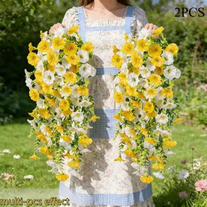 2 Artificial Yellow And White Morning Glory Hanging Plants, Realistic Bionic Plants, Hanging Plant Vines, Evergreen/Maintenance-Free, Decorative Indoor And Outdoor Home Decoration, Perfect for Porch, Window Sill, Terrace, Background Wall