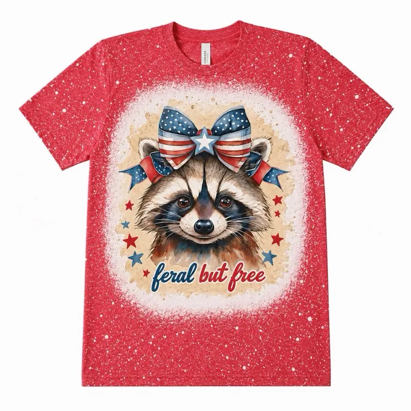 4th of July - Feral But Free Raccoon Bleached Shirt Comfy Unisex Jersey Top Casual Vintage Style Short Sleeve Crew Neck Medium Length