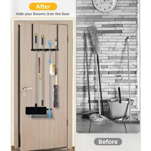 Broom Holder Over The Door - 304 Stainless Steel Mop and Broom Holder Wall Mounted or Hanging Over The Door with Hooks - Broom Hanger, Broom Storage Tool Organizer for Garage Closet Laundry
