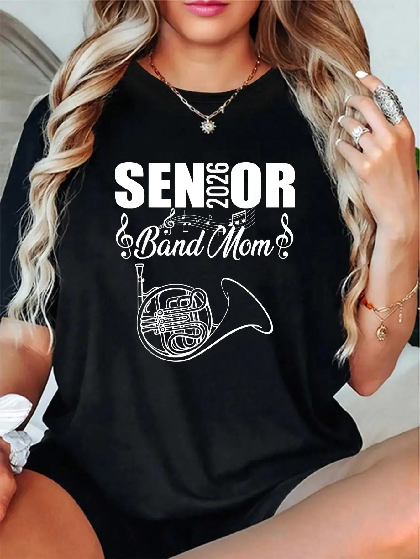 Women's 100% Cotton Relaxed Crew Neck Short-Sleeve T-Shirt with Senior Band Mom French Horn Graphic Digital Print - Soft, Breathable, Cozy, Casual All-Season Everyday Top (Check Size Chart)