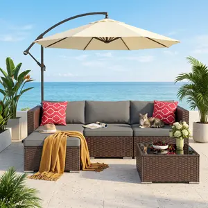 GIZOON 5-Piece Modern Patio Set - All-Weather Outdoor Wicker Sectional Furniture, Complete with Cushions and Glass Table (Grey)