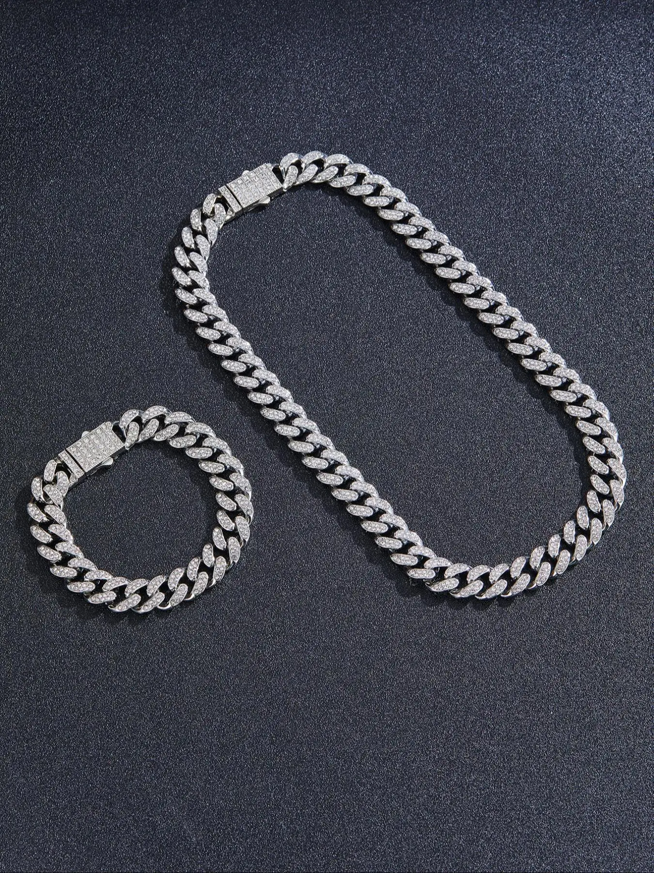 Fashion Chain Link Necklace & Bracelet, Rhinestone Decor Chain Jewelry Set for Party, Daily Iced Out Jewelry Clothing Decor for Girl Hip-hop Men Boy,