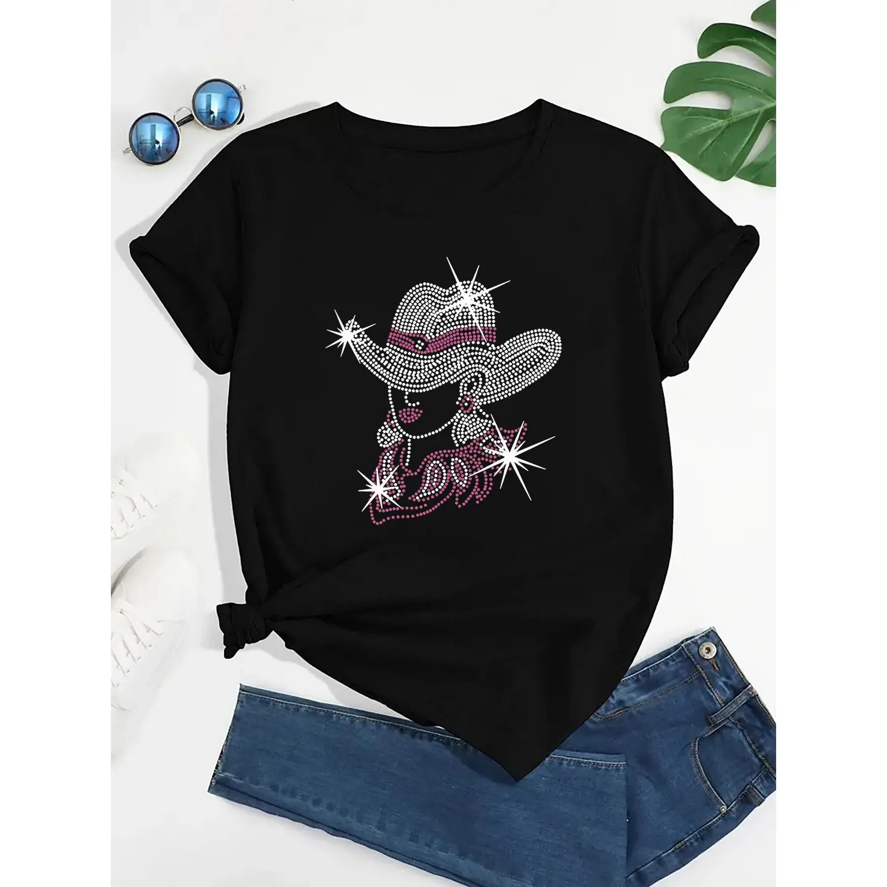 Ladies' Black Cotton 180g Print T-Shirt, Sparkling Rhinestone Cowgirl Design, Short Sleeve Casual Tee, Trendy Glitter Western Style, Round Neck Comfortable Fit, Eye-Catching Cowgirl Hat Graphic, Stylish Women's Fashion Top, Perfect for Casual Outfits.
