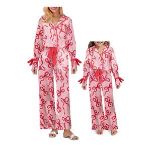Mommy and Me Matching Pajamas Bow Print Lape Long Sleeve Button Down Tops and Drawstring Pants Sleepwear Christmas Holiday Pajamas 2Piece