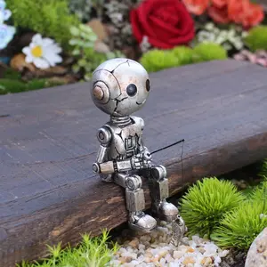 Robot Fishing Resin Figurine, Creative Garden Bonsai Decoration, Fun Home Fish Tank Scene Accessory, Artistic Hand-Painted Resin Craft