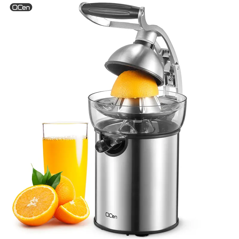 Qcen Automatic 2-in-1 Citrus Juicer Machine, Household Appliances with 2 Interchangeable Cones, Stainless Steel Body, Transparent Juice Collector & Dishwasher Safe for Lime, Grapefruit, Lemon