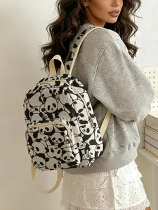 1 piece of panda pattern 2D printed ladies' backpack, corduroy texture + layered storage + light weight reduction | perfect for students going to class/shopping/short trips | atmosphere and practicality combined Casual Printed Backpack