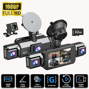 4-Channel Dash Cam with 360° Panoramic View. Four lenses (front, rear, left, right) record simultaneously. 3-inch display, built-in WiFi, 32GB memory card. Features clear night vision and HDR technology, designed specifically for car driving recording.