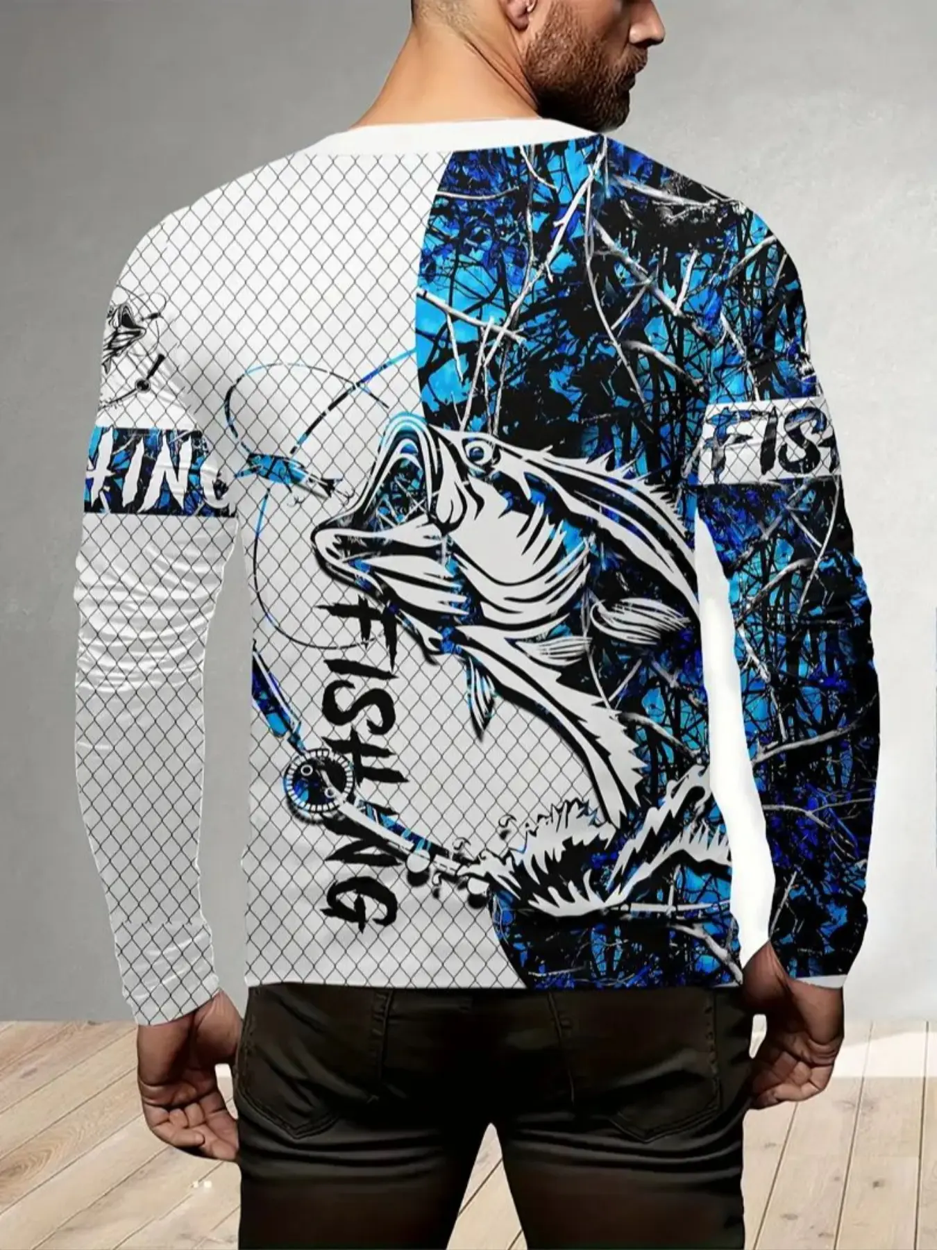 Men's Fashion Fish Pattern Print Long Sleeve Fitted T-Shirt, Casual Style Tee, Casual Breathable Polyester Fabric, Perfect for Outdoor Activities, Menswear