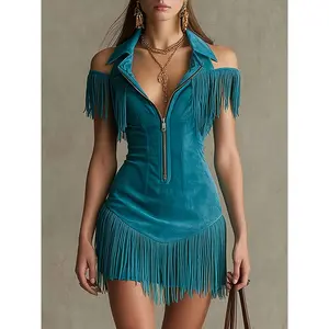 Vintage Fringed Off-the-shoulder Dress with A Pinched Waist Skirt