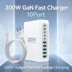 10-in-1 Type C Charging Hub 300W GaN Fast Charger 10 Port USB C Charger Block with 1.8M Extension Cable for MacBook Pro Dell XPS Steam Deck iPad Pro iPhone Galaxy S25