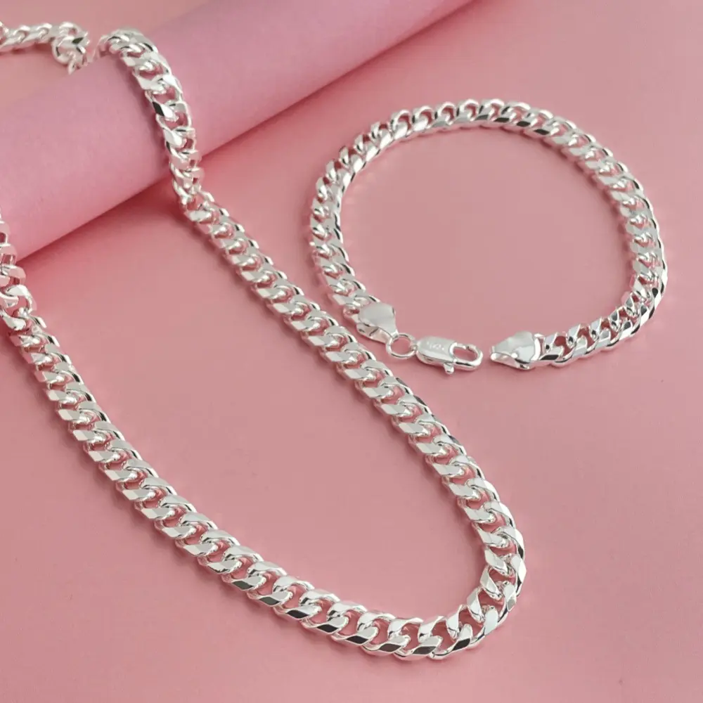 7MM Chunky 925 Silver Plated Chain Set | 19.68 inches(50CM)/23.6 inches(60CM)) Necklace + 7.9 inches(20CM) Bracelet | Heavy Streetwear Jewelry for Men & Women