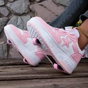 Girls' pink skateboard shoes, roller skates, rollerblades with twist-lock closure, detachable wheels, sports shoes, holiday gift, suitable for all seasons