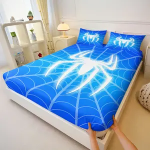 3Pcs Spider Blue Web Fitted Sheet Set, Heavy‑Duty All‑Season Breathable Bedding Set, Elasticated Mattress Cover, Eye‑Catching Comic Decor for Dorm Room, Small Apartment, Guest Room, Filler Not Included
