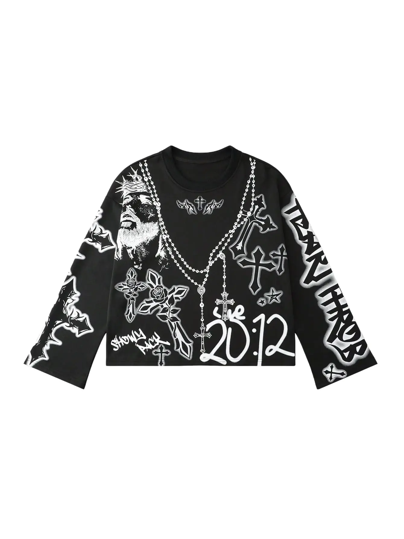 Men's Graphic Sweatshirts with Cross and Hand Pattern, Polyester Streetwear Pullover, Long Sleeve Crew Neck Top for Outdoors & Sports