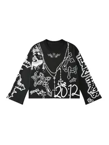 Mens Polyester Casual Long-Sleeve Crew Neck Graphic Cross Print Pullover Sweatshirt, Menswear Spring Streetwear Top