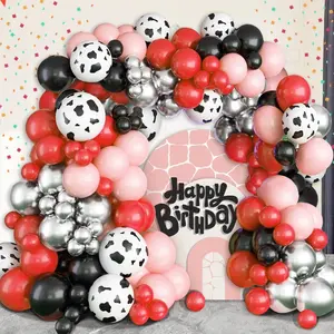 112 Pcs Farm Cow Print Party Balloon Arched Garland Kit with Metallic Silver Balloon Red Black Maca Red Latex Balloon, Cowgirl Farm Birthday Decoration Western Balloon Wedding