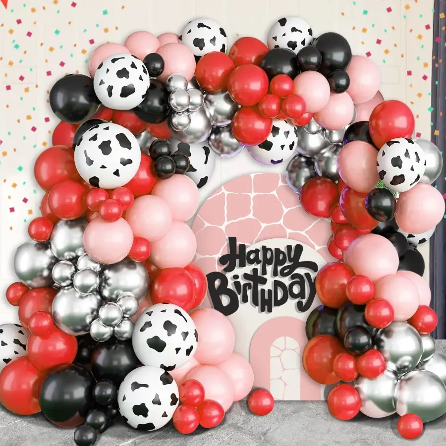 112 Pcs Farm Cow Print Party Balloon Arched Garland Kit with Metallic Silver Balloon Red Black Maca Red Latex Balloon, Cowgirl Farm Birthday Decoration Western Balloon Wedding