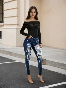 Stretch Slim High-waisted Ripped Jeans for Women, Comfortable And Stylish - Perfect for Casual Attire And Casual Occasions Blue