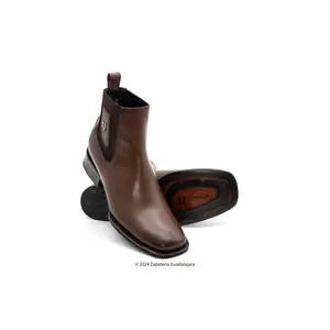 MEN WIDE SQUARE TOE FADED BROWN LEATHER BOOT - 782B2716  Comfort Footwear