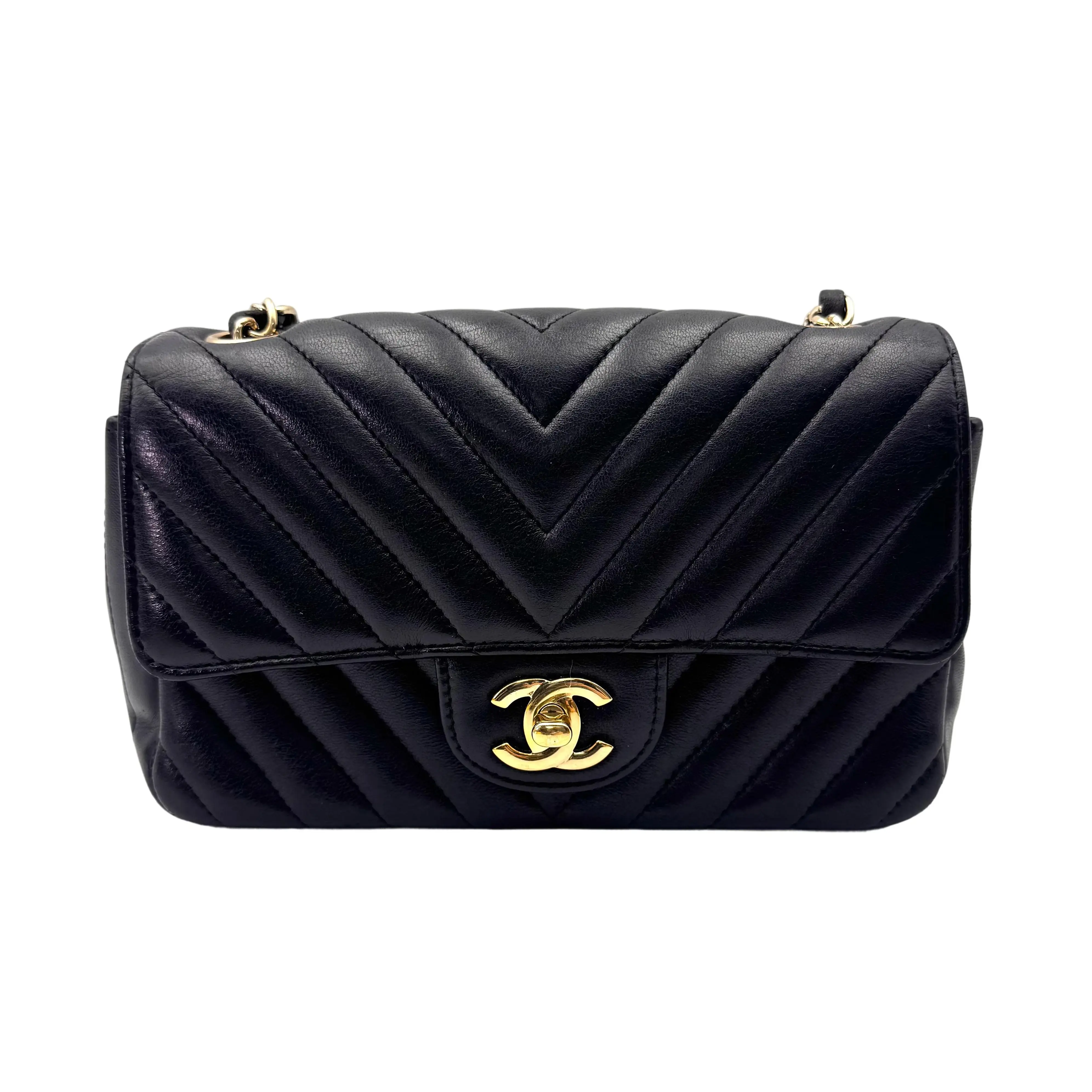 Pre-owned CHANEL Lambskin Crossbody Bags Mini Classic Flap Black Chevron Shoulder Bag GHW (24***03) CC1993