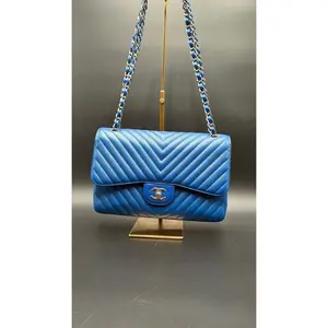 Pre-owned CHANEL Leather Luxury Bags & Accessories Caviar Chevron V Stitch Classic Double Flap Bag, Blue Date Code: 22474021. Entrupy ID: JQD3XJK.