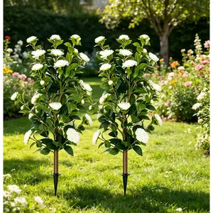 2 Pack Real Touch Artificial Camellia  with Ground Spike - UV Resistant Silk Fake  for Outdoor Garden, Cemetery Decoration, Window Box & Porch, 3.2" Tall Vibrant Faux Camellias  white Flowers