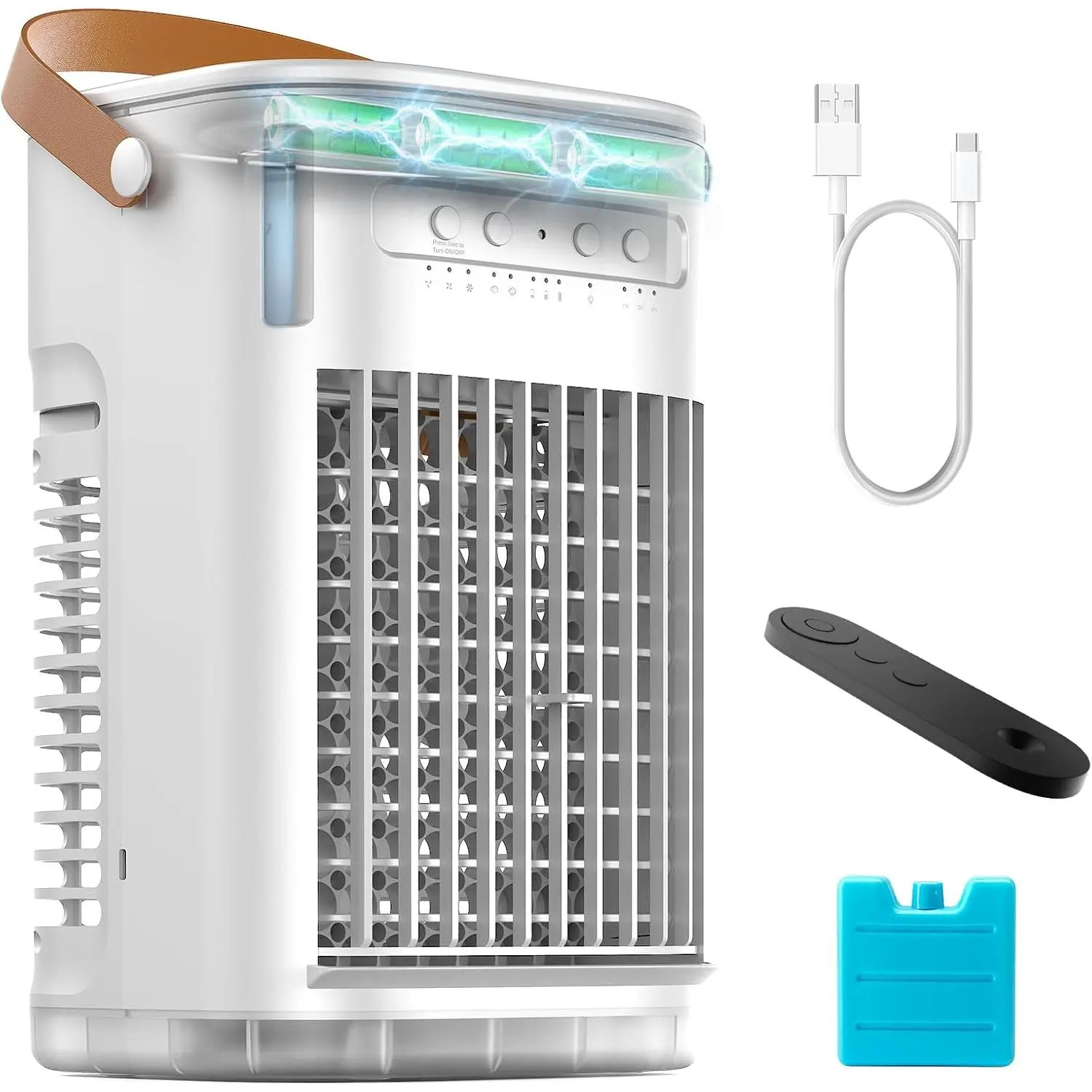 Portable Mini Evaporative Cooler with 5400mAh Rechargeable Fan, 1.2L Water Tank, Remote Control, Ice Box, 3 Speeds, Timer, Cordless Use, About 9x7in for Home Indoor/Outdoor