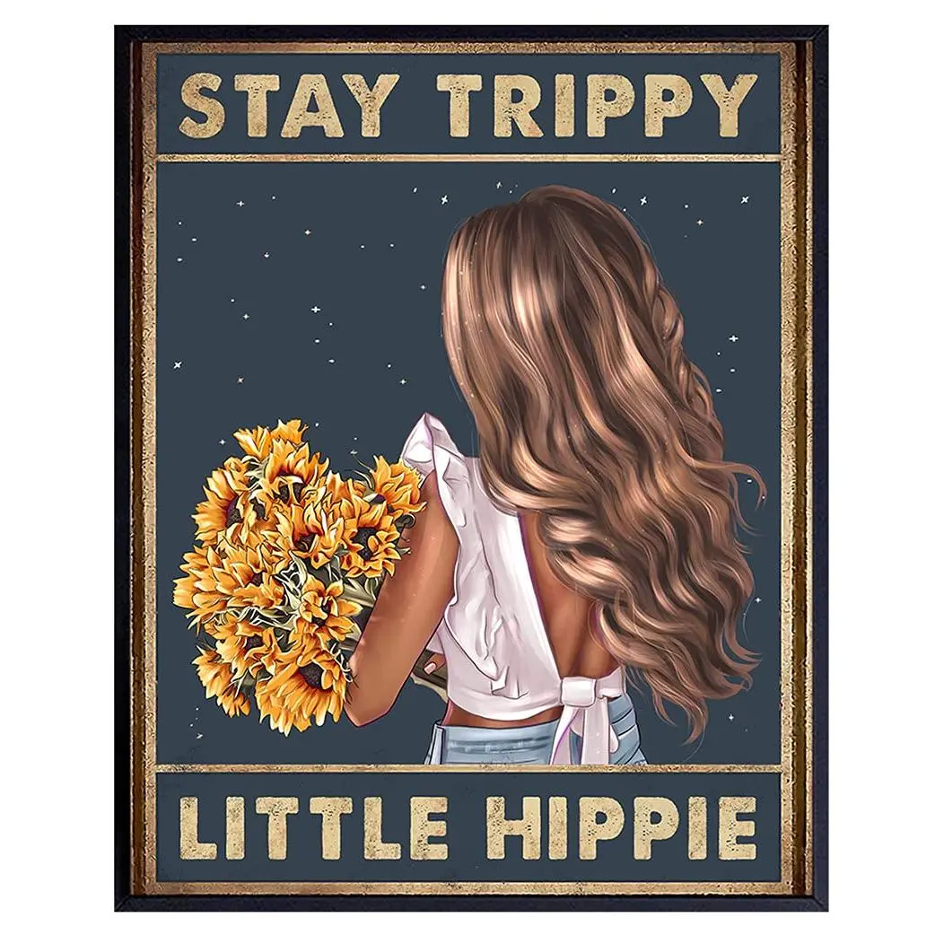 Trendy Poster Trippy Wall Decor - Stay Trippy Little Hippie Wall Art - Boho Decor - Bohemian Art - Sunflower Home Decoration - Women, Teen Girls Bedroom - Hippy Living Room Poster Print 8x10 - Positive Quotes Photo Ornaments Artistic