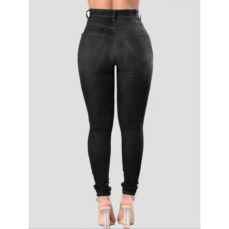 Women's Plus Size High Rise Stretchy Skinny Ankle Jeans, Butt Lifting Ripped Distressed Washed Denim, American Retro High Street Basic Style Pocket Button Pants for Daily & All-Season Wear