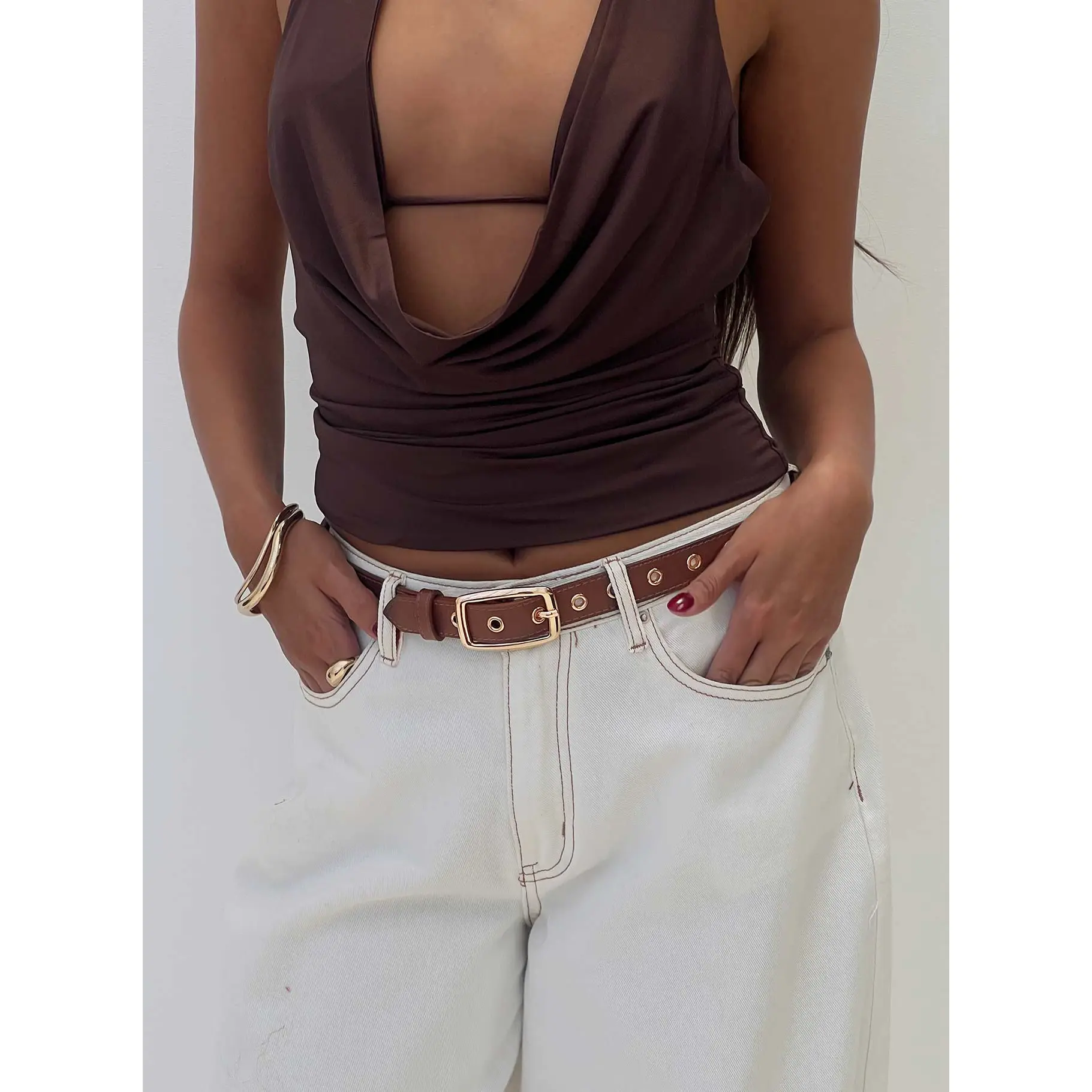 Rileigh Eyelet Faux Leather Belt Brown / Gold