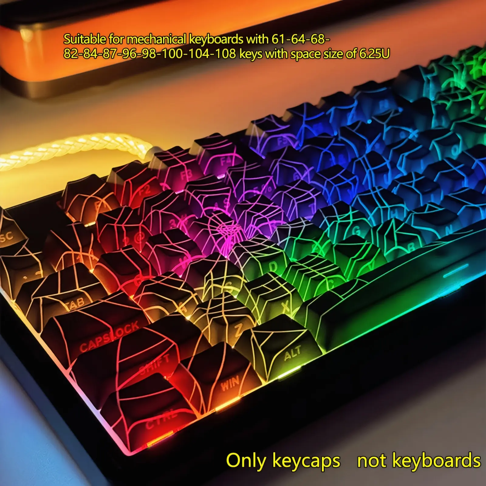 CHERRY Original Factory High Mechanical Keyboard Keycaps with Side Characters That Are Translucent, Featuring Spider Web Line Patterns.Made of PBT Material with Full Five-Sided Sublimation Keycaps