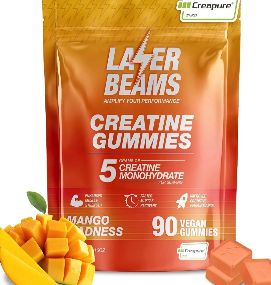 Creatine Monohydrate Gummies for Women & Men - 5g Creapure Creatine per Serving - Vegan, Mango Flavor - Boost Muscle Strength, Endurance, Recovery & Mental Focus (90 Gummies)